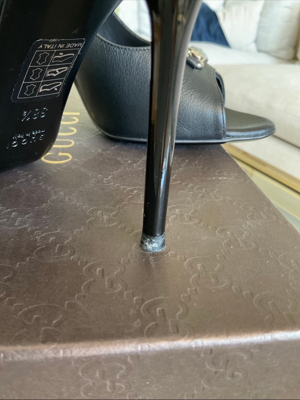 Gucci black Nero silver logo plaque peep toe heels, 38.5, NIB! - Picture 8 of 11